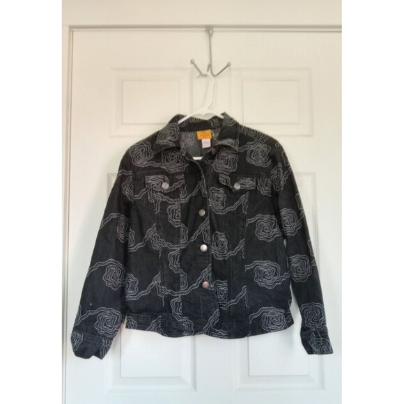 Ruby Rd Black Denim Jacket Rounded Edge Embroidered Abstract Design Size 16P EUC - Picture 2 of 6